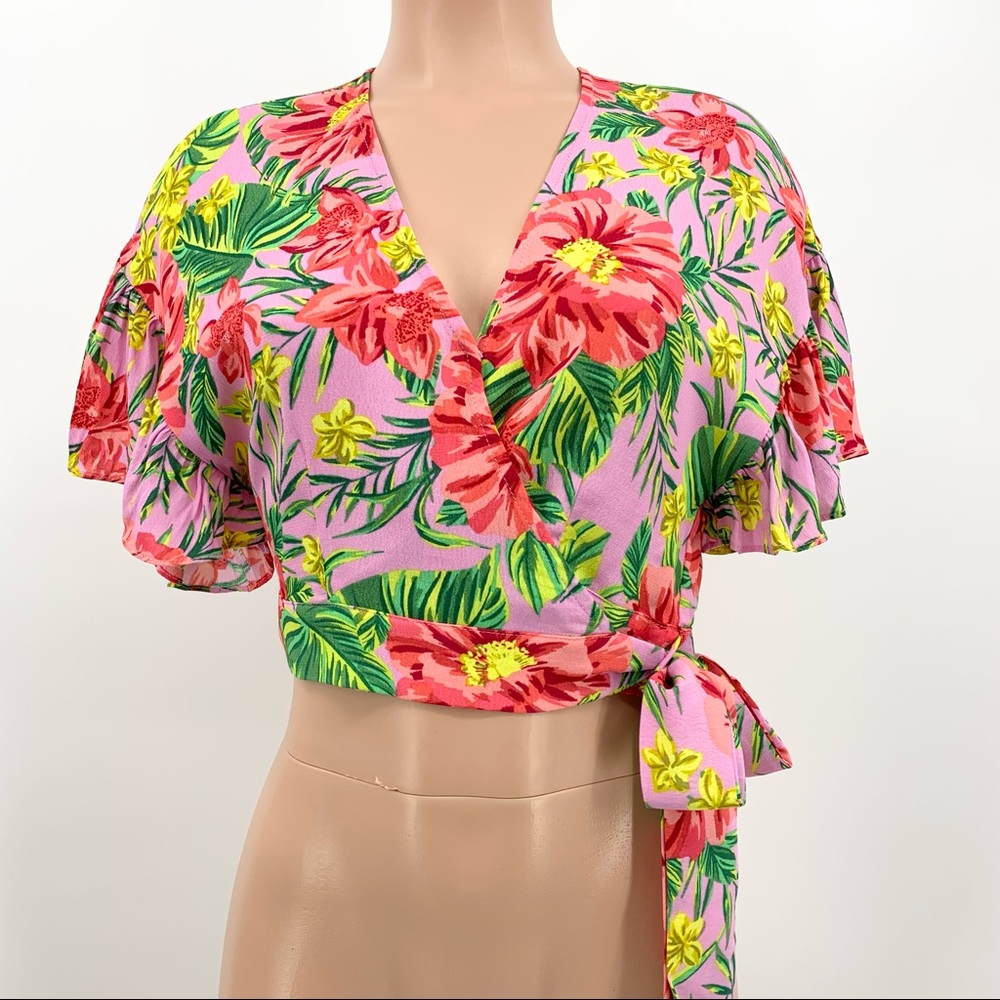 Lost + Wander Pink Floral Wrap Cropped Top